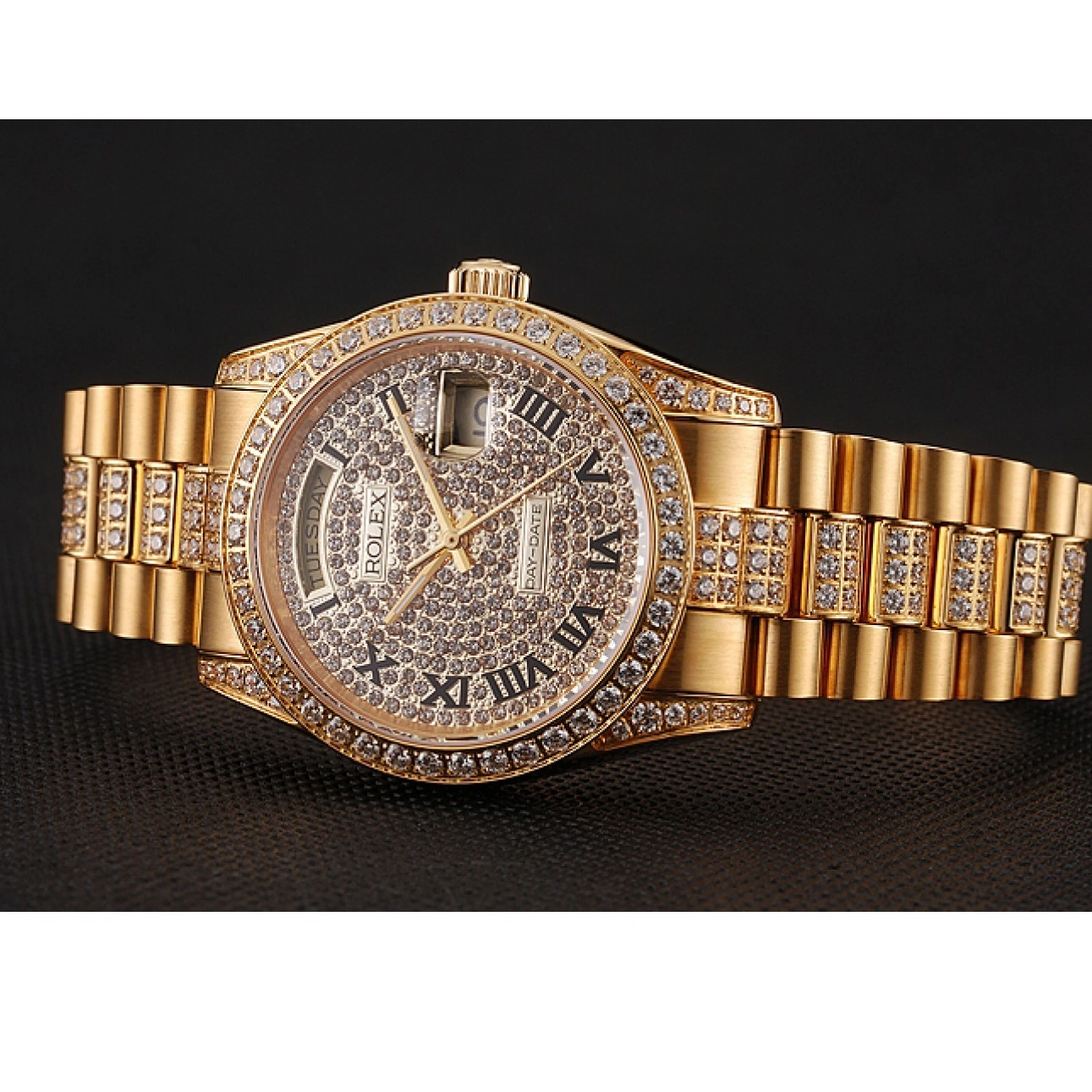 Best AAA Replica Sites Day-Date Pave Dial Swiss Diamond 1453956 Bracelet Diamond Rolex Gold 0605